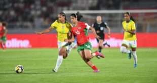 Jugadoras de la selección de Brasil Sub 17 femenino durante el partido del Mundial Sub 17 en Marruecos 2025 en la fase de grupos