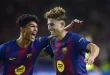 Fermín López celebrando con sus compañeros del FC Barcelona durante el partido de Champions League contra el Olympiacos